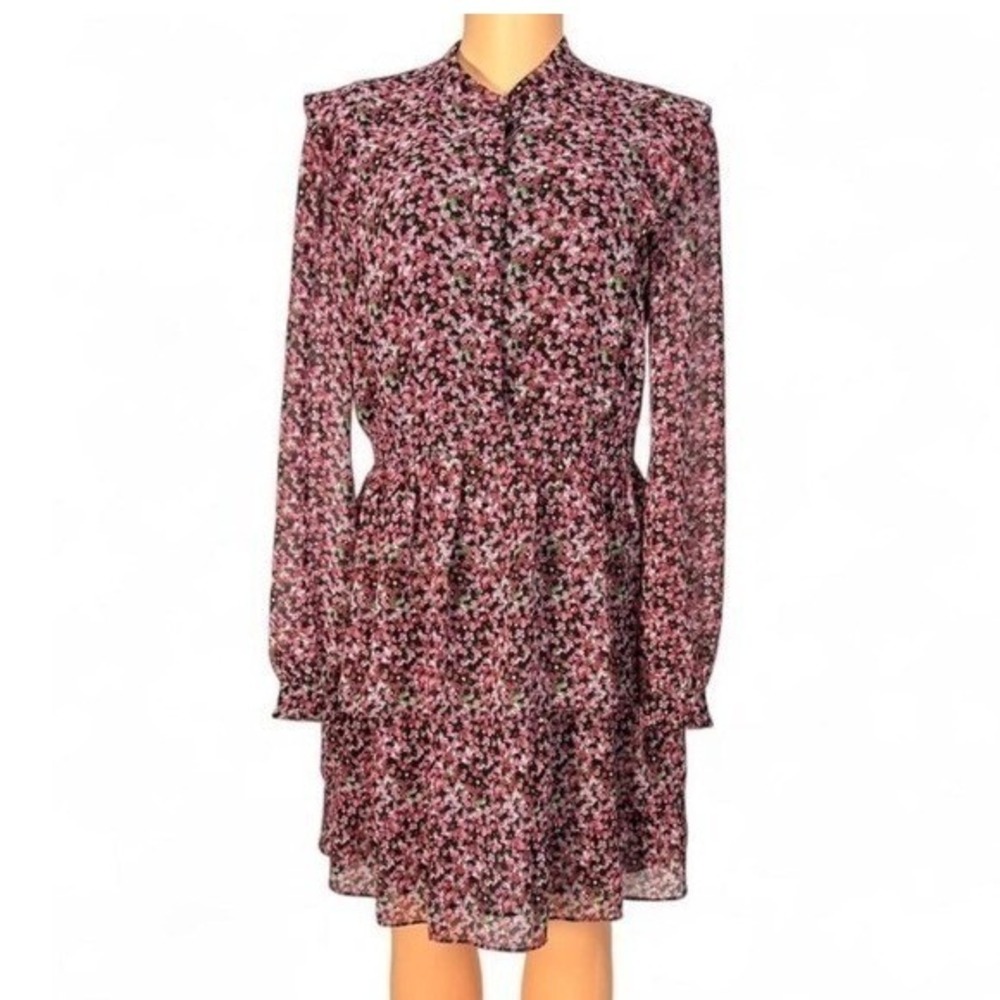 Michael Kors Floral Dress Womens 8 Pink Tiered Ruffle Mock Neck Long Sleeve Exc‎